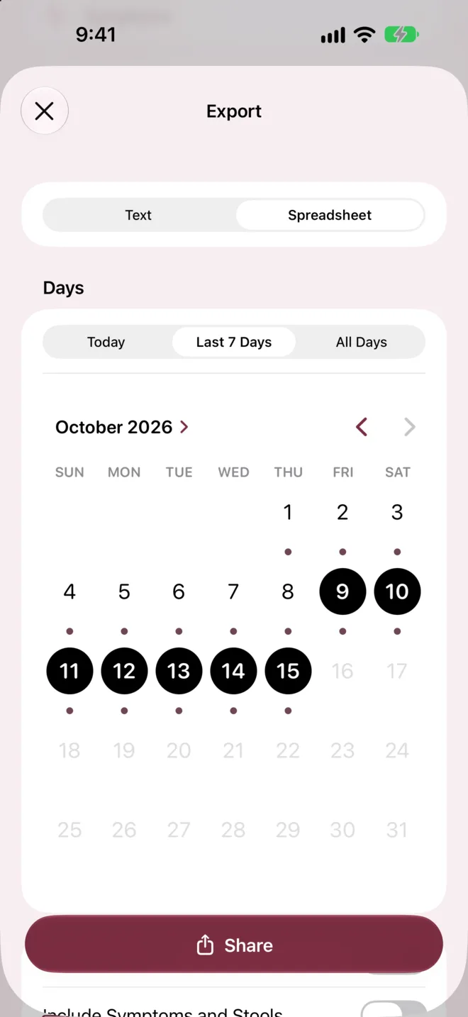 Calorie Tape's Export sheet with Spreadsheet chosen as the format and Last 7 Days as the range, so October 9 to 15 are marked on the calendar above a Share button.