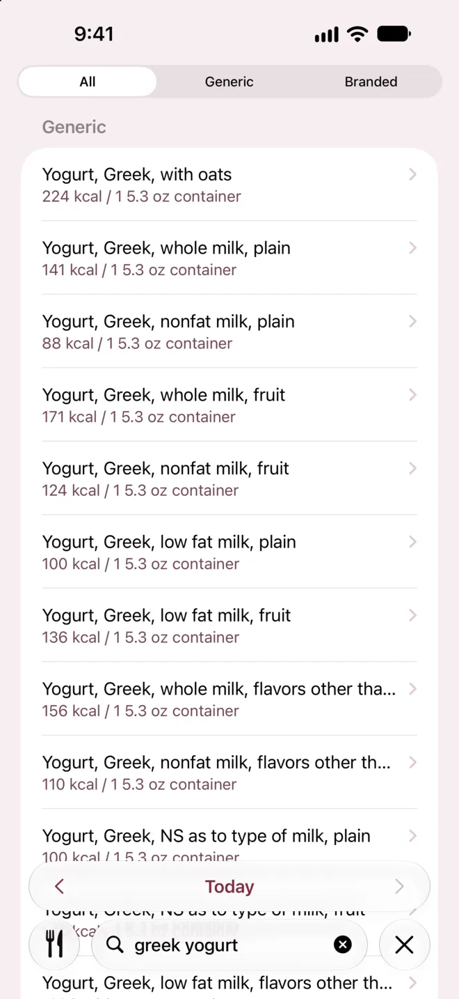 Calorie Tape's Search showing generic Greek yogurts for "greek yogurt", each with its calories per container.
