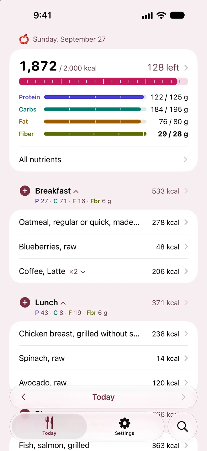 Today in Calorie Tape: calorie, protein, carb, fat, and fiber meters above the day's meals.